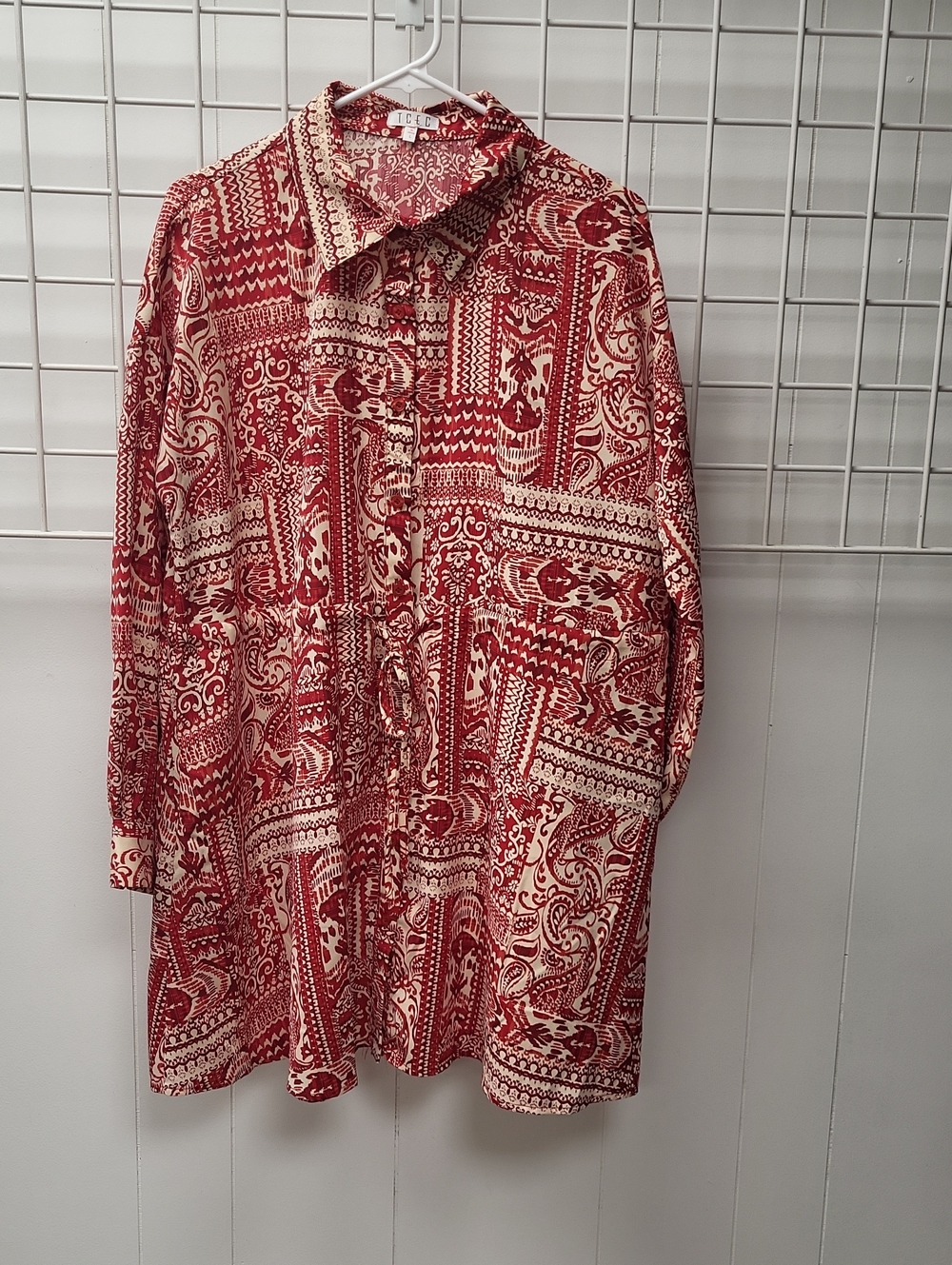 Tcec, Red & Cream Abstract Long-Sleeve Drawstring Dtess, Large